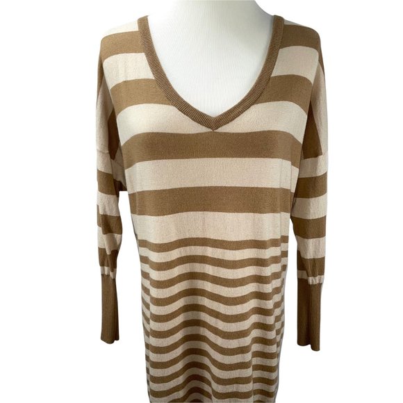 Joie Tan Striped Wool Cashmere Blend Long V-Neck Sweater Tunic Lightweight - Picture 2 of 11